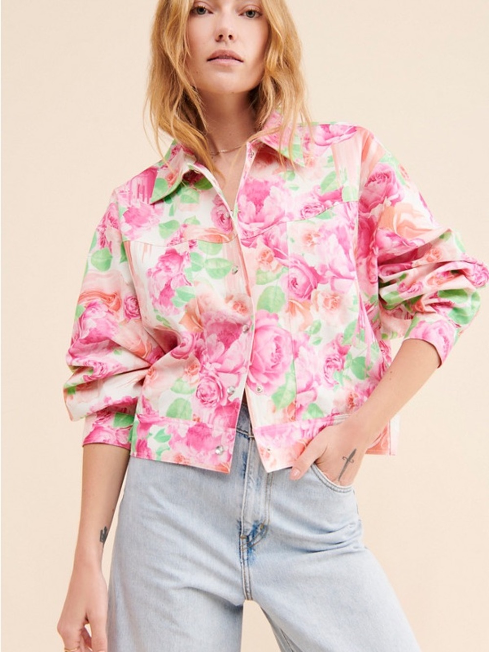 CRĀS 100% COTTON Floral Pink Rose Print Denim Jacket